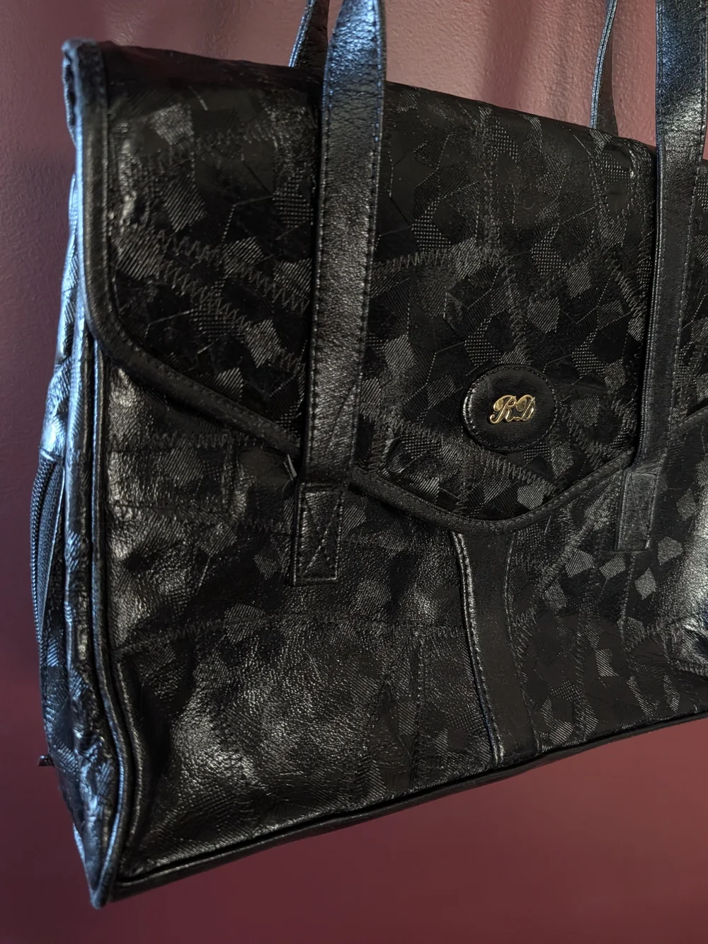 RECUERDO Vintage Black Leather Patchwork Satchel Gold Logo Flap Handbag